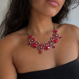 Unbranded Red Statement Necklace Rhinestone Bib OS Glam Regency